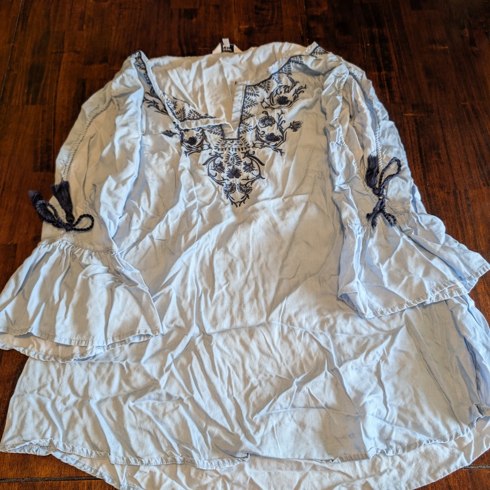 Crown & Ivy Light Blue Blouse with Navy Embroidery